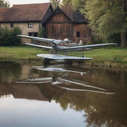 A vintage airplane parked impressively in a rustic village pond, reflections shimmering on the water surface.