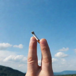 An empowering image of a person determinedly breaking a cigarette in half, symbolizing the commitment to quit smoking. A fresh and healthy landscape can be seen in the background.