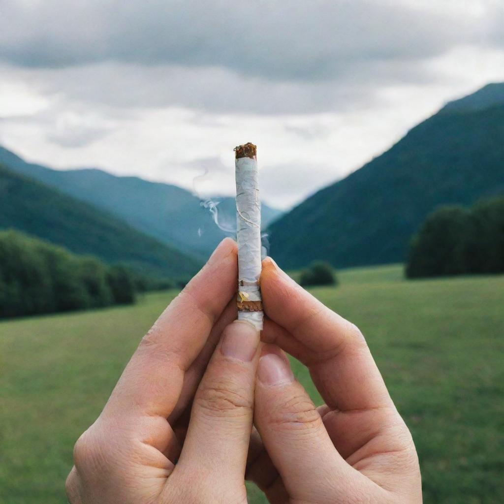 An empowering image of a person determinedly breaking a cigarette in half, symbolizing the commitment to quit smoking. A fresh and healthy landscape can be seen in the background.