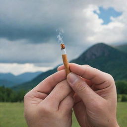 An empowering image of a person determinedly breaking a cigarette in half, symbolizing the commitment to quit smoking. A fresh and healthy landscape can be seen in the background.