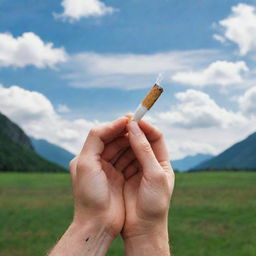 An empowering image of a person determinedly breaking a cigarette in half, symbolizing the commitment to quit smoking. A fresh and healthy landscape can be seen in the background.