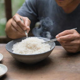 A man sitting at a rustic wooden table, enjoying a bowl of steaming hot white rice, using metal chopsticks.