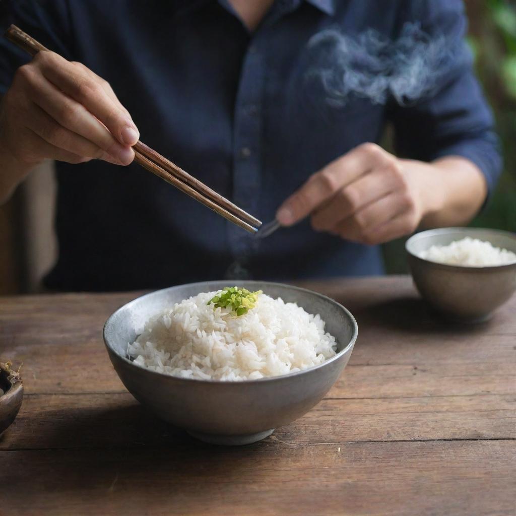 A man sitting at a rustic wooden table, enjoying a bowl of steaming hot white rice, using metal chopsticks.