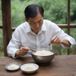 A man sitting at a rustic wooden table, enjoying a bowl of steaming hot white rice, using metal chopsticks.