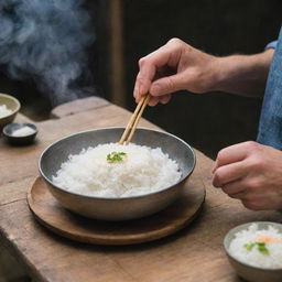 A man sitting at a rustic wooden table, enjoying a bowl of steaming hot white rice, using metal chopsticks.