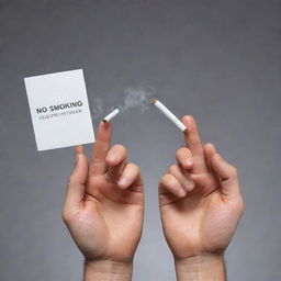 A compelling image representing anti-smoking: a hand firmly pushing away a pack of cigarettes offered by another hand. In the background, a graphic of healthy lungs and a placard saying 'No Smoking'.