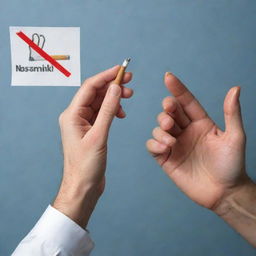 A compelling image representing anti-smoking: a hand firmly pushing away a pack of cigarettes offered by another hand. In the background, a graphic of healthy lungs and a placard saying 'No Smoking'.