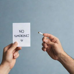 A compelling image representing anti-smoking: a hand firmly pushing away a pack of cigarettes offered by another hand. In the background, a graphic of healthy lungs and a placard saying 'No Smoking'.