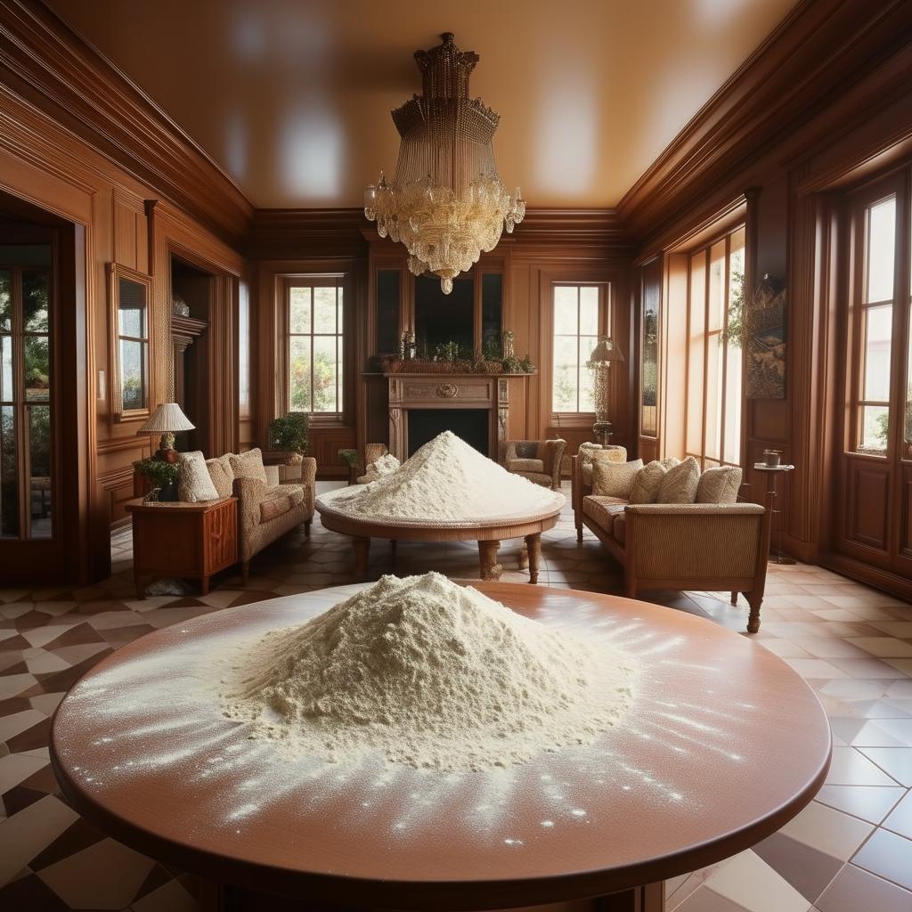 Modify the previous image to focus on the 1980s-style living room inside the mansion, while still showcasing the table with a pile of cooking flour.