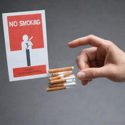 A compelling image representing anti-smoking: a hand firmly pushing away a pack of cigarettes offered by another hand. In the background, a graphic of healthy lungs and a placard saying 'No Smoking'.