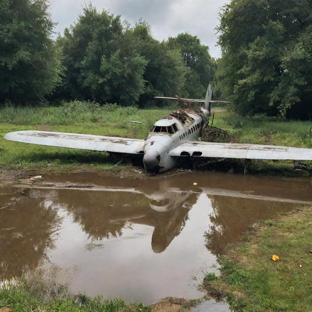 A massive airplane, half-broken and crashed in a serene village pond, pieces scattered around, radiating an aura of abandonment.