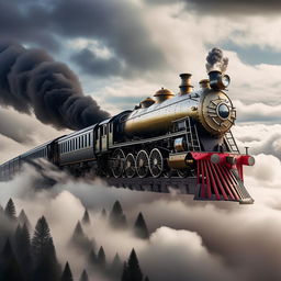 An elongated, fantastical locomotive soaring through the sky, puffing smoke against a backdrop of distant clouds