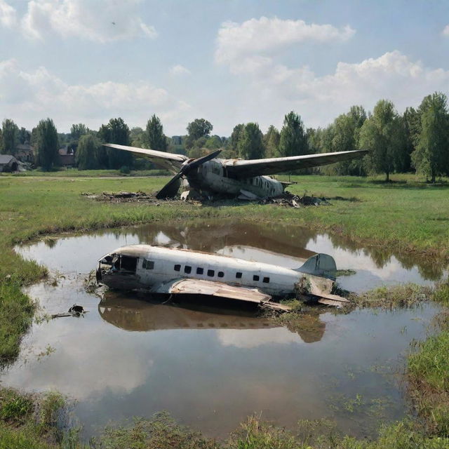 A massive airplane, half-broken and crashed in a serene village pond, pieces scattered around, radiating an aura of abandonment.