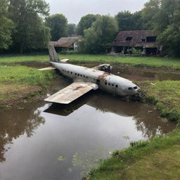 A massive airplane, half-broken and crashed in a serene village pond, pieces scattered around, radiating an aura of abandonment.