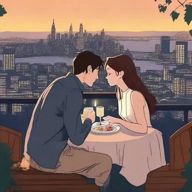 In the heartwarming love story, the protagonist surprises their partner with a candlelit dinner on an inclined plane overlooking the beautiful city skyline.