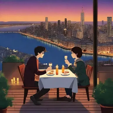 In the heartwarming love story, the protagonist surprises their partner with a candlelit dinner on an inclined plane overlooking the beautiful city skyline.