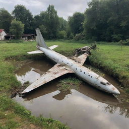 A massive airplane, half-broken and crashed in a serene village pond, pieces scattered around, radiating an aura of abandonment.