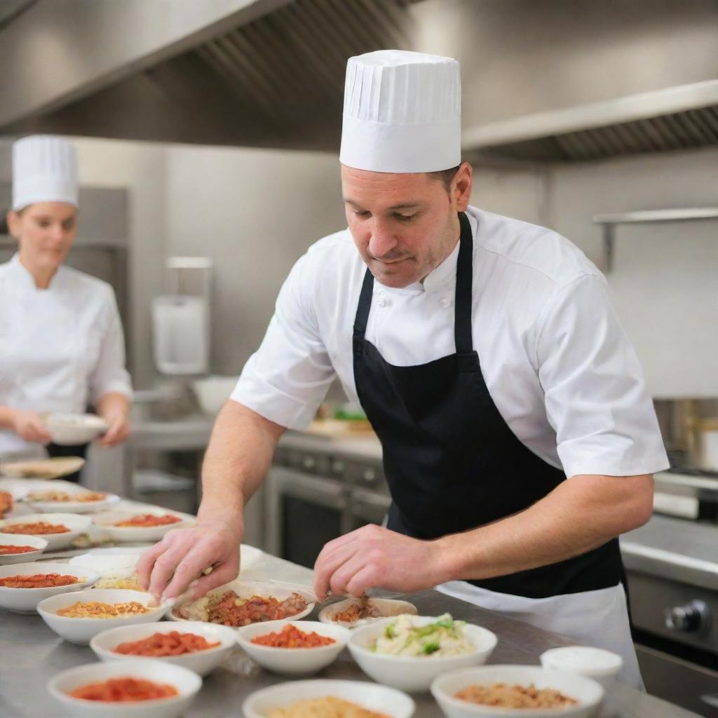 A professional chef wearing a white hat and apron in a bustling kitchen, skillfully preparing a variety of delicious dishes.