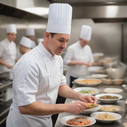 A professional chef wearing a white hat and apron in a bustling kitchen, skillfully preparing a variety of delicious dishes.