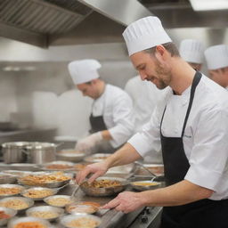 A professional chef wearing a white hat and apron in a bustling kitchen, skillfully preparing a variety of delicious dishes.