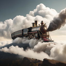 An elongated, fantastical locomotive soaring through the sky, puffing smoke against a backdrop of distant clouds