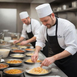 A professional chef wearing a white hat and apron in a bustling kitchen, skillfully preparing a variety of delicious dishes.