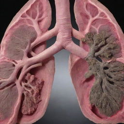 A powerful split image of a human lung: One half displays a healthy, vibrant, pink lung while the other half shows the same lung damaged and discolored from smoking, illustrating the harmful effects of tobacco.