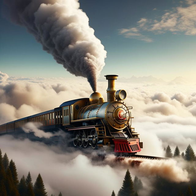 An elongated, fantastical locomotive soaring through the sky, puffing smoke against a backdrop of distant clouds