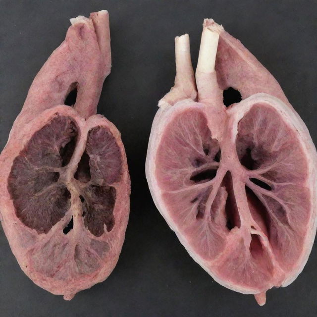 A stark comparison of a human lung: One half is pristine, healthy and pink, demonstrating a non-smoker's lung. The other half is dark, discolored and scarred, representing the lung of a heavy smoker.