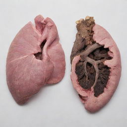 A stark comparison of a human lung: One half is pristine, healthy and pink, demonstrating a non-smoker's lung. The other half is dark, discolored and scarred, representing the lung of a heavy smoker.