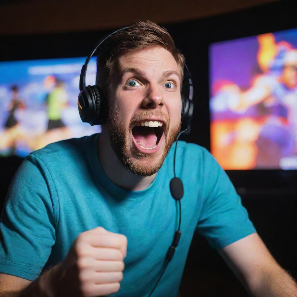 An excited gamer immersed in a high-stakes video game match, illuminated by the vibrant colors of the game on the large screen.