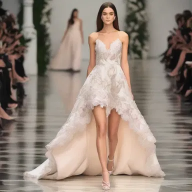 The fashion designer incorporated awned decorative elements into the hemline of the dress, adding a unique and natural touch.