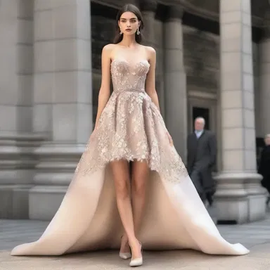The fashion designer incorporated awned decorative elements into the hemline of the dress, adding a unique and natural touch.