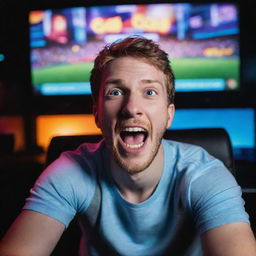 An excited gamer immersed in a high-stakes video game match, illuminated by the vibrant colors of the game on the large screen.