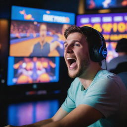 An excited gamer immersed in a high-stakes video game match, illuminated by the vibrant colors of the game on the large screen.