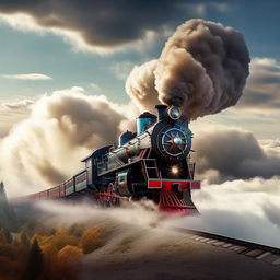 An elongated, fantastical locomotive soaring through the sky, puffing smoke against a backdrop of distant clouds