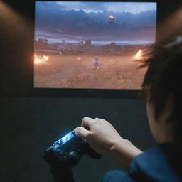 A focused player deeply engaged in a dramatic match of 'Final Fantasy', their hands flying across the controller under the glow of the game's epic fantasy landscapes on screen.