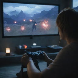 A focused player deeply engaged in a dramatic match of 'Final Fantasy', their hands flying across the controller under the glow of the game's epic fantasy landscapes on screen.