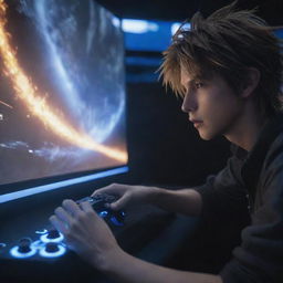 A focused player deeply engaged in a dramatic match of 'Final Fantasy', their hands flying across the controller under the glow of the game's epic fantasy landscapes on screen.