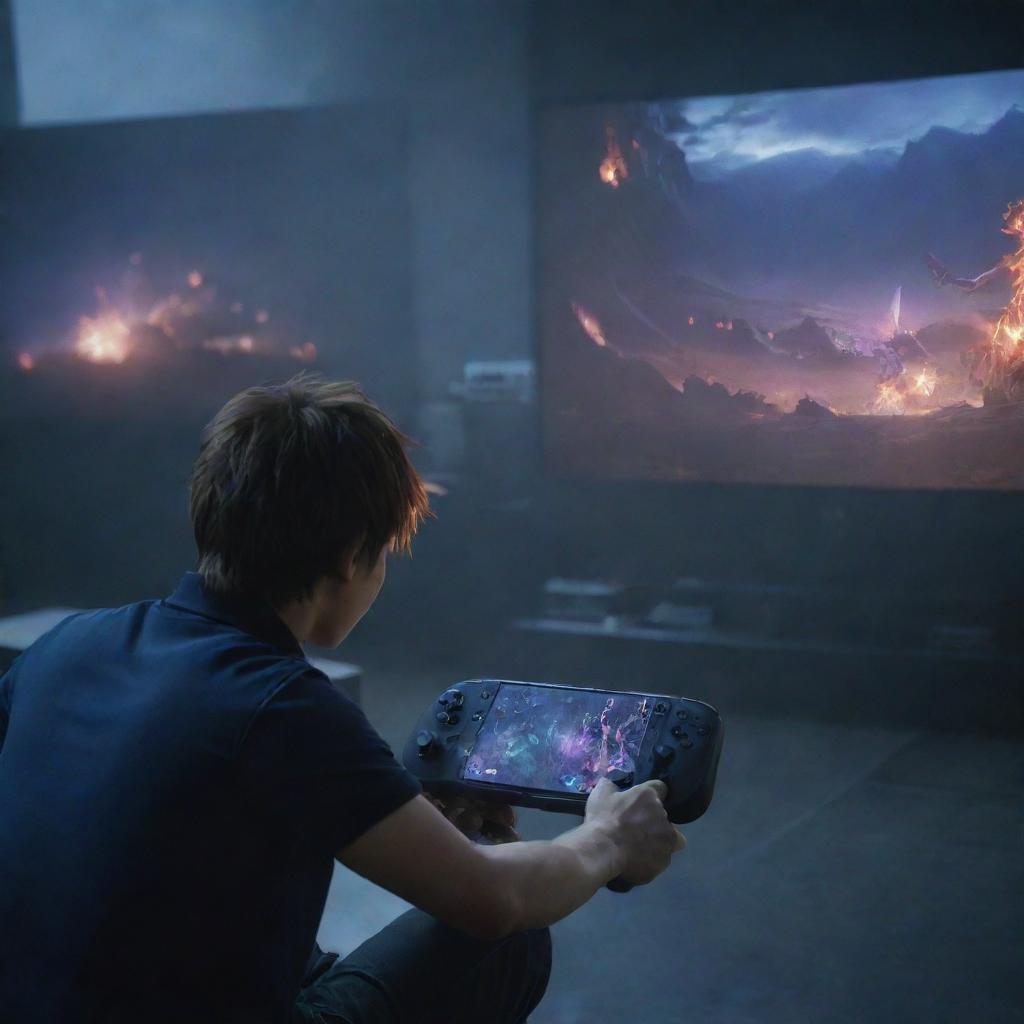 A focused player deeply engaged in a dramatic match of 'Final Fantasy', their hands flying across the controller under the glow of the game's epic fantasy landscapes on screen.