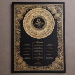 A restaurant menu displaying traditional Iranian designs, utilizing a striking color palette of black and gold, complete with illustrations of authentic Persian dishes.