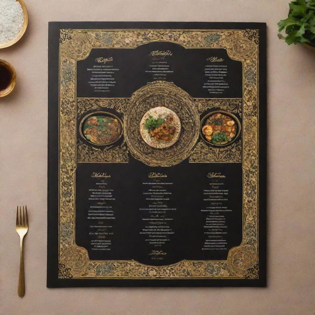 A restaurant menu displaying traditional Iranian designs, utilizing a striking color palette of black and gold, complete with illustrations of authentic Persian dishes.