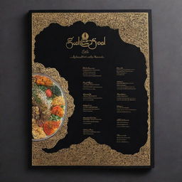 A restaurant menu displaying traditional Iranian designs, utilizing a striking color palette of black and gold, complete with illustrations of authentic Persian dishes.