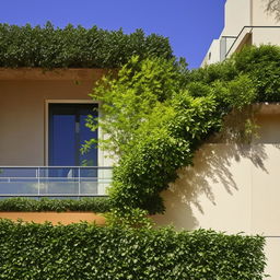 An elegantly constructed architectural scene featuring a balcony with a green-filled planter box around the edge, a crystal clear glass balustrade, and a pair of classy sun chairs.