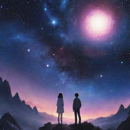 A vivid space scene in the style of Manhwa, filled with distant galaxies, celestial bodies, sparkling stars, all encompassed by an otherworldly twilight glow suggestive of mystery and adventure.