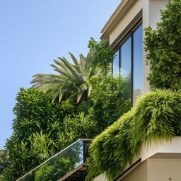 An elegantly constructed architectural scene featuring a balcony with a green-filled planter box around the edge, a crystal clear glass balustrade, and a pair of classy sun chairs.