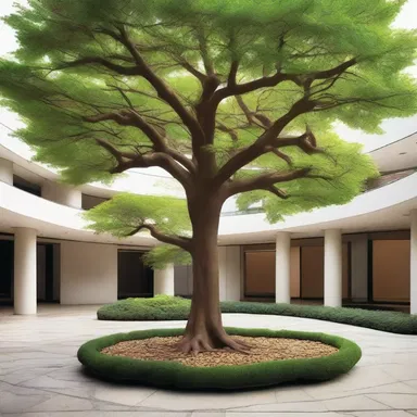 The architect incorporated a beautiful nut-bearing tree as a centerpiece in the courtyard of the building.