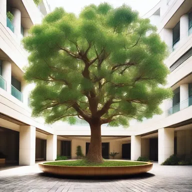 The architect incorporated a beautiful nut-bearing tree as a centerpiece in the courtyard of the building.