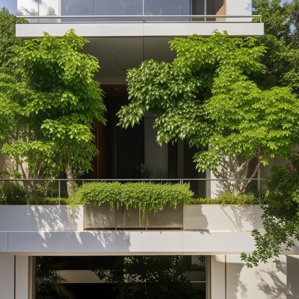 An elegantly constructed architectural scene featuring a balcony with a green-filled planter box around the edge, a crystal clear glass balustrade, and a pair of classy sun chairs.