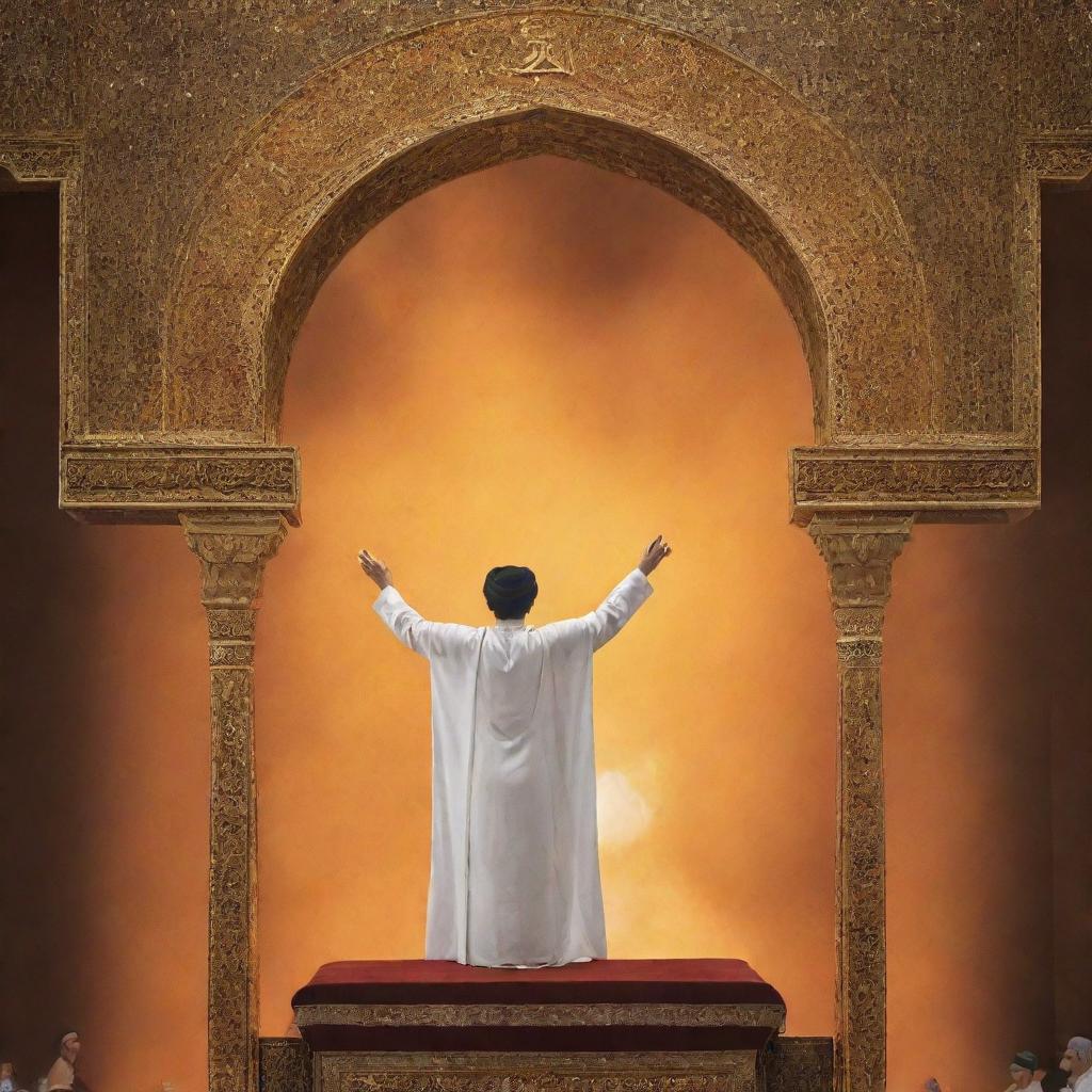 A back view of the Prophet Muhammad, standing on stacked pulpits, holding up the arm of Imam Ali, the sky above a radiant amber, depicting the historic event at Ghadir Khumm.